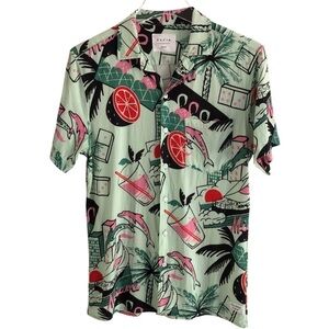 Duvin Design Shirt Short Sleeve Miami Flamingo Tropical Print Mint Green Small